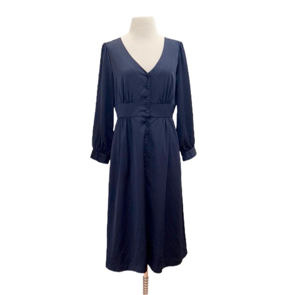 J. Crew Navy Blue Satin Button-front A-line Midi Dress Size 10 Medium AD072
